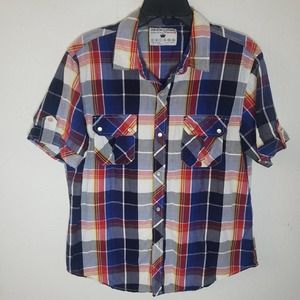Pop Icon Clothing Short Sleeve Pearl Snap Plaid Shirt Mens Large Blue Red